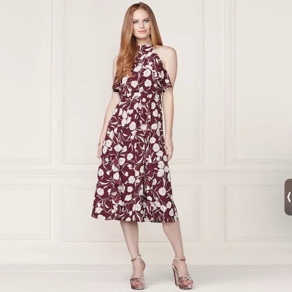 LC Lauren Conrad Dresses & Skirts - Lauren Conrad Ruffle Midi Halter Dress Floral Pleated Wine Red Midi Dress SZ 12